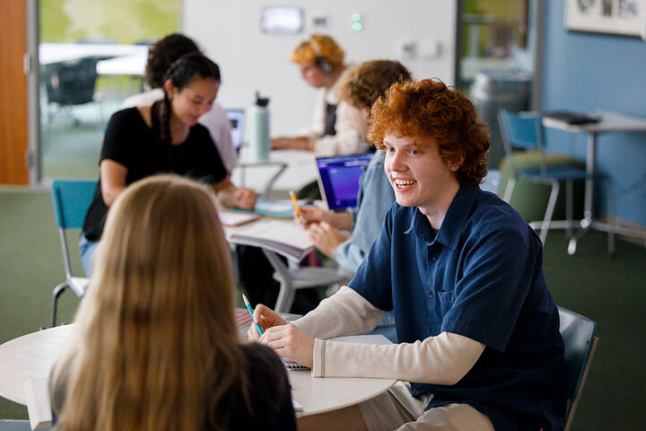 Group of students studying in lounge.